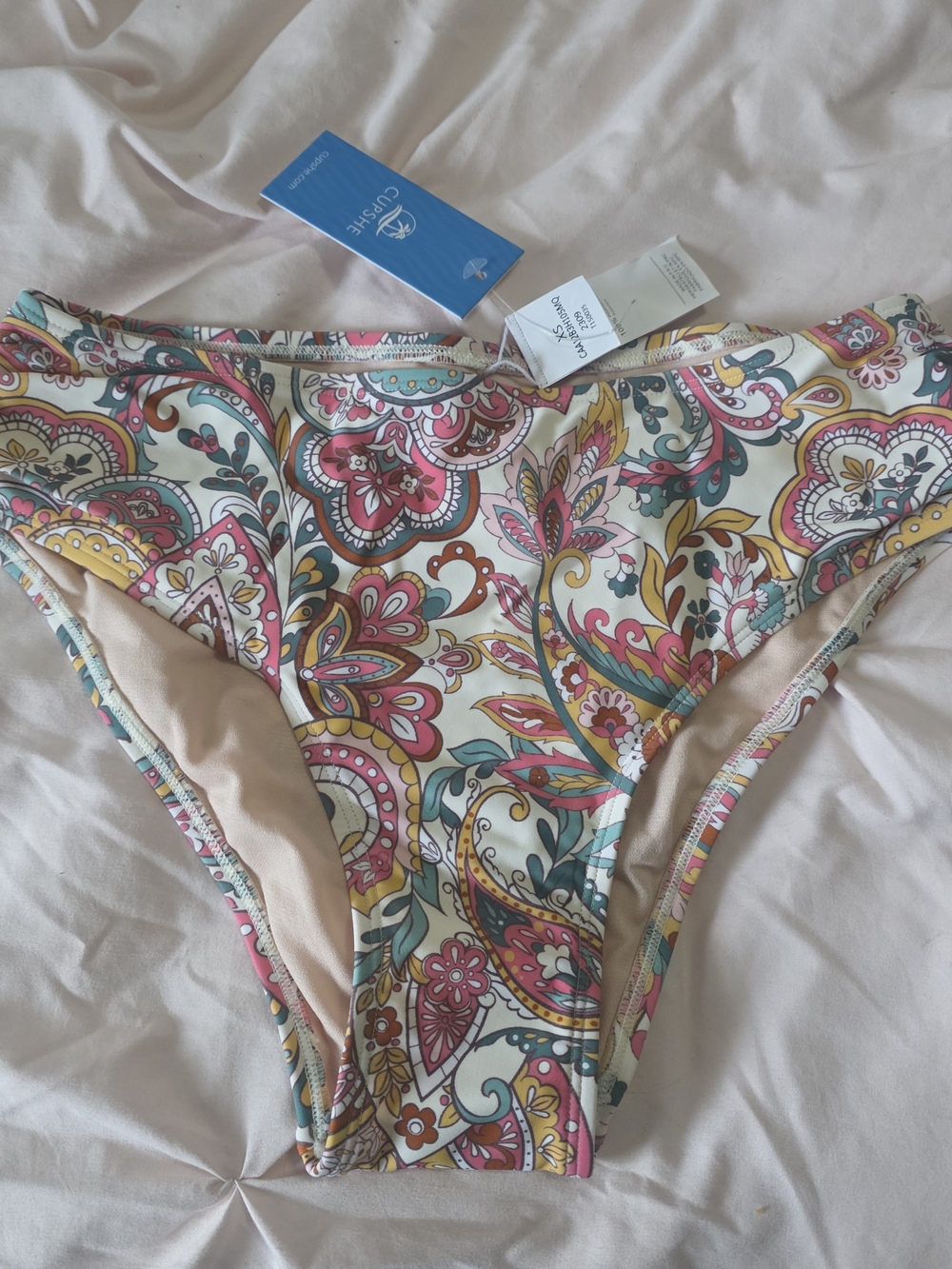 Paisley Print Bikini Bottoms in Cream, Pink & Teal